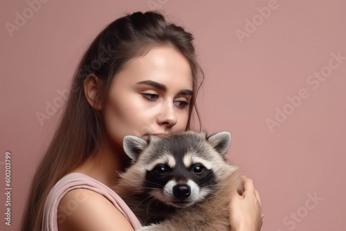 young attractive woman hugging racoon in hands, color trendy background. Generative AI © artem