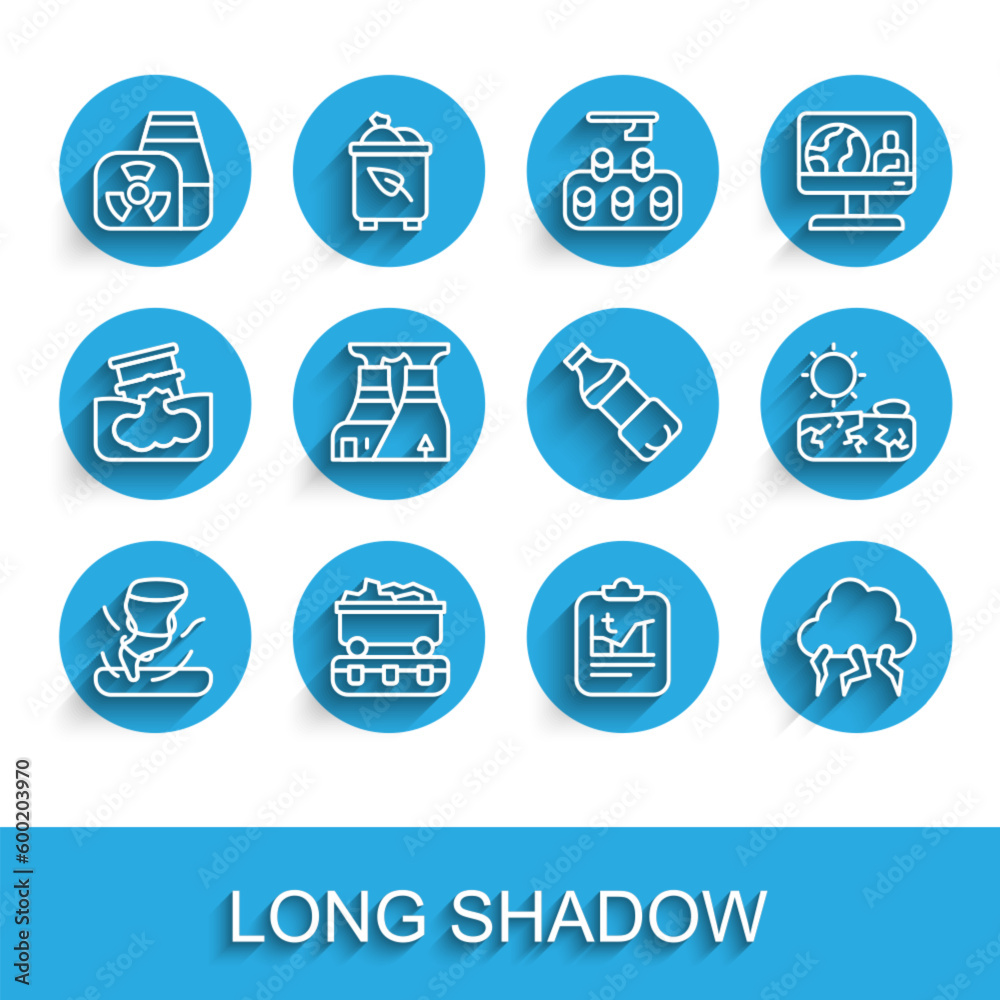 Set line Tornado, Coal train wagon, Nuclear power plant, Global warming, Storm, Drought and Bottle of water icon. Vector Set line Tornado, Coal train wagon, Nuclear power plant, Global warming, Storm, Drought and Bottle of water icon. Vector