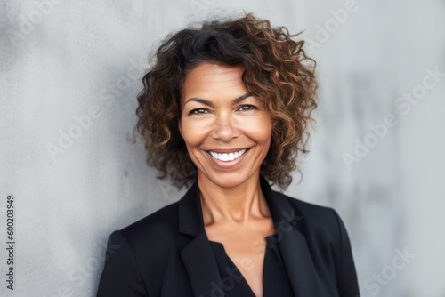 Smiling indigenous business woman in black. Generative AI.