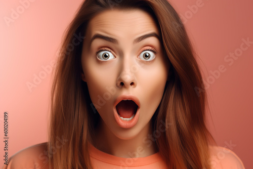 young woman with big suprised eyes and open mouth. Expression emotions. Wow model. Omg woman sale. Generative ai