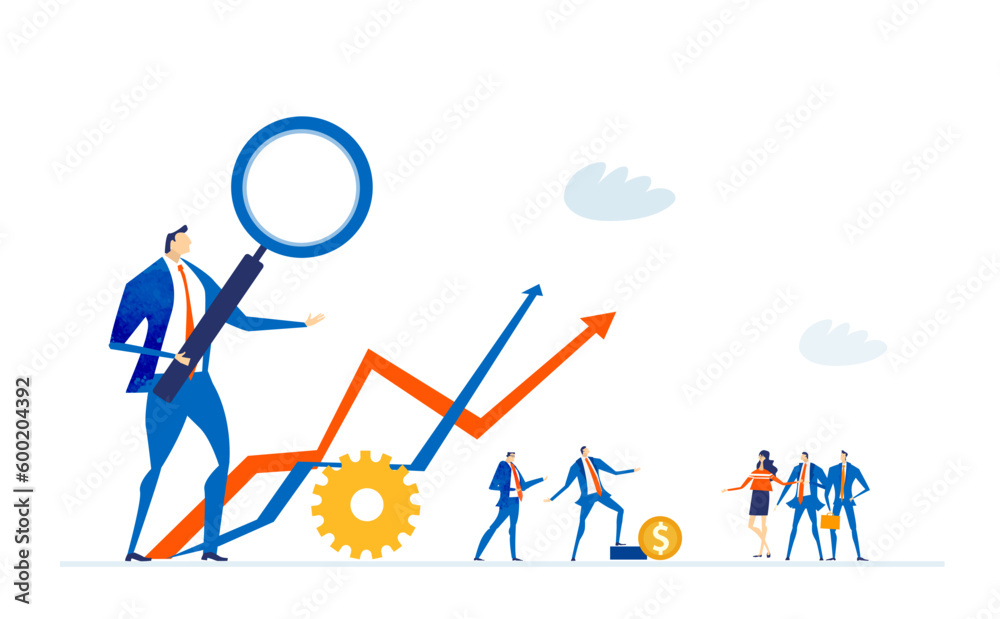 Businessman with magnifying glass and arrows pointing up to show growth and profits. Business and finance concept illustration Businessman with magnifying glass and arrows pointing up to show growth and profits. Business and finance concept illustration