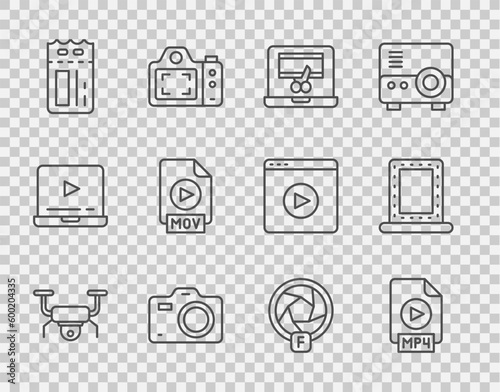 Set line Drone flying, MP4 file document, Video recorder laptop, Photo camera, Cinema ticket, MOV, Camera shutter and Makeup mirror with lights icon. Vector