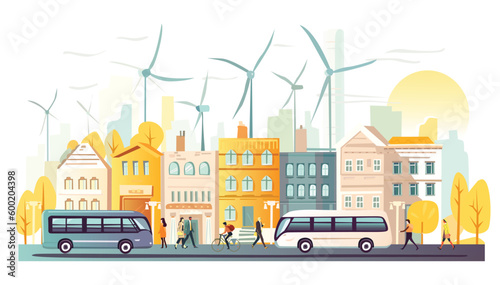 Eco friendly city, street view with busses and walking people and wind turbines at the background. Idilic place to live, city of the future concept illustration