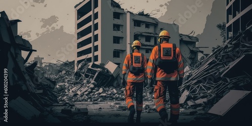 Billede på lærred Rescuer in uniform searching for survivor in city building ruin from earthquake