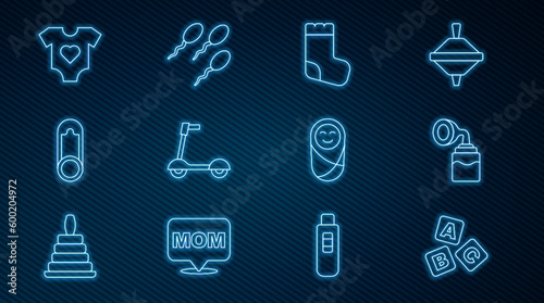 Set line ABC blocks, Breast pump, Baby socks, Roller scooter, clothes pin, Newborn baby infant swaddled and Sperm icon. Vector
