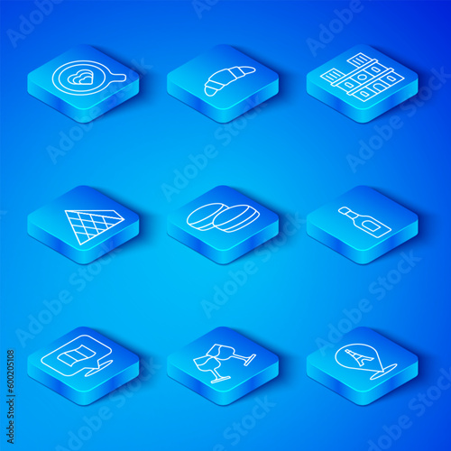 Set line Flag France, Macaron cookie, Wine glass, Champagne bottle, Notre Dame de Paris, Louvre pyramid, Coffee cup and Eiffel tower icon. Vector
