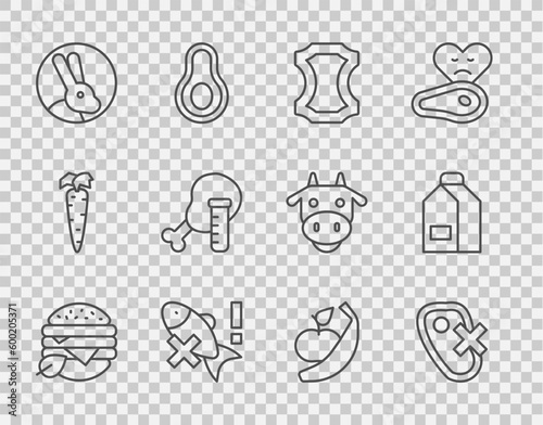 Set line Vegan food diet, No meat, Leather, fish, Rabbit, Genetically modified chicken, Apple and banana and Paper package for milk icon. Vector