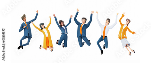 Group of business people jumping up in office as symbol of celebrating success and achievements. 3D rendering illustration