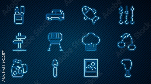 Set line Chicken leg, Cherry, Fish, Barbecue grill, Road traffic sign, Lighter, Chef hat and Car icon. Vector