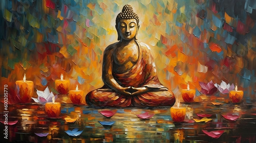 oil painting of buddha statue with lotus flower and candle ornament ,generative ai