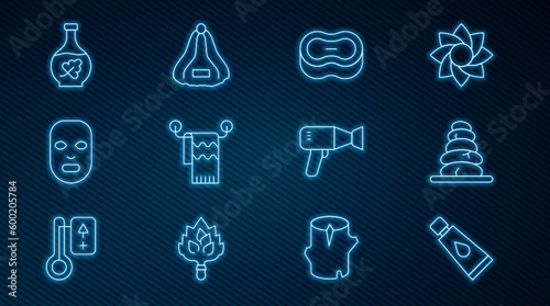 Set line Cream or lotion cosmetic tube, Stack hot stones, Bar of soap, Towel hanger, Facial mask, Essential oil bottle, Hair dryer and Sauna hat icon. Vector