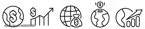 Conjunto de iconos de economía mundial. Inversión financiera, capital de dinero, ahorra, ganancias y beneficios. Ilustración vectorial