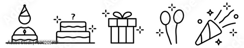 Conjunto de iconos de cumpleaños. Concepto de fiesta y celebración. Cumpleañero, pastel, caja de regalo, globos. Ilustración vectorial