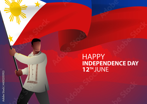 Filipino wearing traditional Philippines clothes holding the flag of Philippines