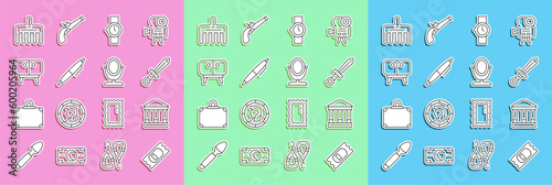 Set line Cinema ticket, Museum building, Medieval sword, Wrist watch, Pen, TV table stand, Hairbrush and Round makeup mirror icon. Vector