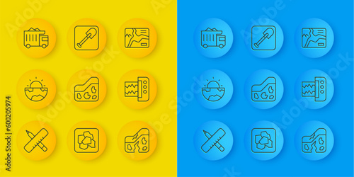 Set line Crossed ruler and pencil, Earth core structure crust, Ground, Geological fault, Seismograph, Mining dump truck, Topographic map and Shovel icon. Vector