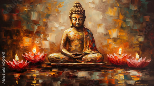 oil painting of buddha statue with lotus flower and candle ornament ,generative ai photo