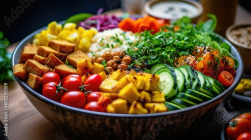 vegan buddha bowl with colorful vegetables, generative ai