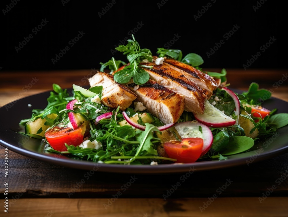 fresh and vibrant salad with grilled chicken and greens, generative ai