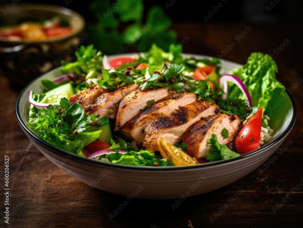 fresh and vibrant salad with grilled chicken and greens, generative ai fresh and vibrant salad with grilled chicken and greens, generative ai