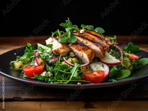 fresh and vibrant salad with grilled chicken and greens, generative ai