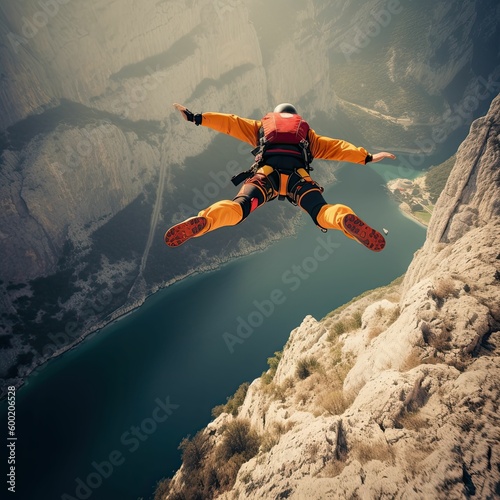 extreme sports enthusiast base jumping off a cliff, generative ai