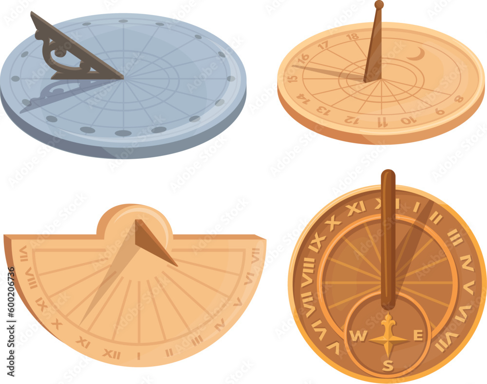 © ssstocker - Sundial. Ancient dial solar clock, sundials watch with latin roman numbers for countdown time on sun shadow, astronomy science antique clocks, age timer neat vector illustration © ssstocker - Sundial. Ancient dial solar clock, sundials watch with latin roman numbers for countdown time on sun shadow, astronomy science antique clocks, age timer neat vector illustration