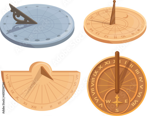 Sundial. Ancient dial solar clock, sundials watch with latin roman numbers for countdown time on sun shadow, astronomy science antique clocks, age timer neat vector illustration