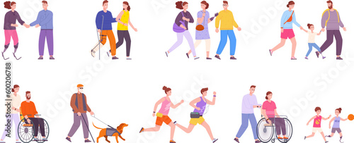 Disabled people partners. Disability person walking with young caretaker friends family, blind impaired visually character, man on crutches wheelchair, splendid vector illustration