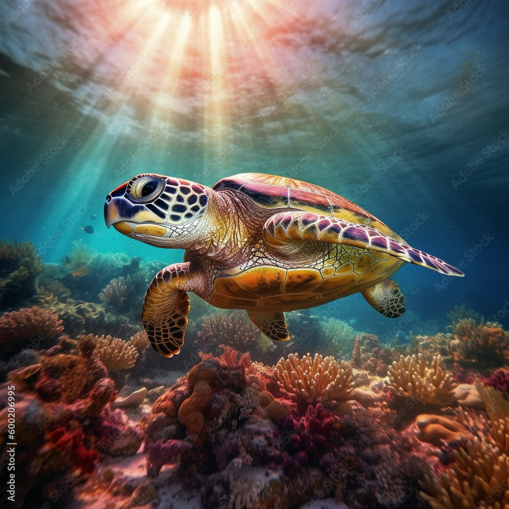 Fototapeta premium Turtle underwater with coral and sunbeam Generative AI
