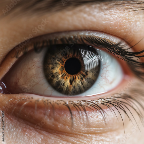 Macro photo of dark brown eyes with natural light Generative AI