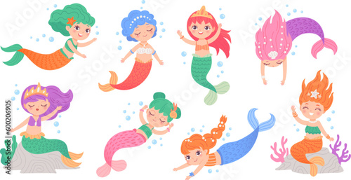 Cute mermaids princess. Cartoon fairy tale mermaid characters, swimming little girl or beautiful woman with fish tail, fairytale siren underwater sea, ingenious vector illustration