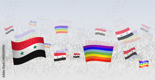 People waving Peace flags and flags of Syria. Illustration of throng celebrating or protesting with flag of Syria and the peace flag.