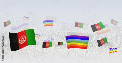People waving Peace flags and flags of Afghanistan. Illustration of throng celebrating or protesting with flag of Afghanistan and the peace flag.