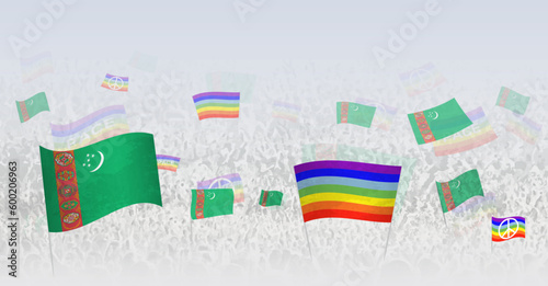 People waving Peace flags and flags of Turkmenistan. Illustration of throng celebrating or protesting with flag of Turkmenistan and the peace flag.