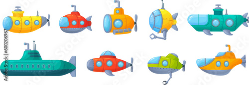 Cartoon submarines. Cute childish submarine with iron arm propeller periscope porthole for undersea exploration, underwater vessel or navy bathyscaphe ingenious vector illustration