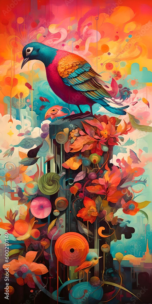 creative surreal painting of an exotic bird - generative AI