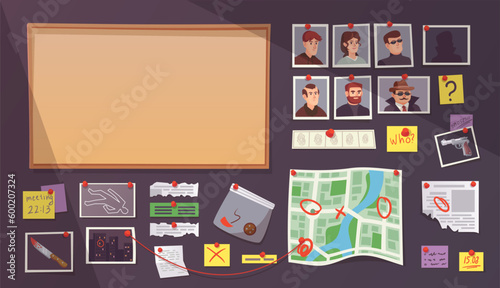 Investigation wall. Detective board elements for clues search investigator game, evidence detection workplace with threads pin criminal photo map or crime plan, vector illustration