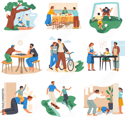 Parents spending time. Parent teen child friendship and trust, dad kid son mother spend holiday together at house family cooking fun playing or talking, recent vector illustration