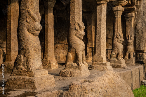 Largest rock reliefs in Asia - Krishna Mandapam is UNESCO World Heritage Site located at Mamallapuram or Mahabalipuram in Tamil Nadu, India photo