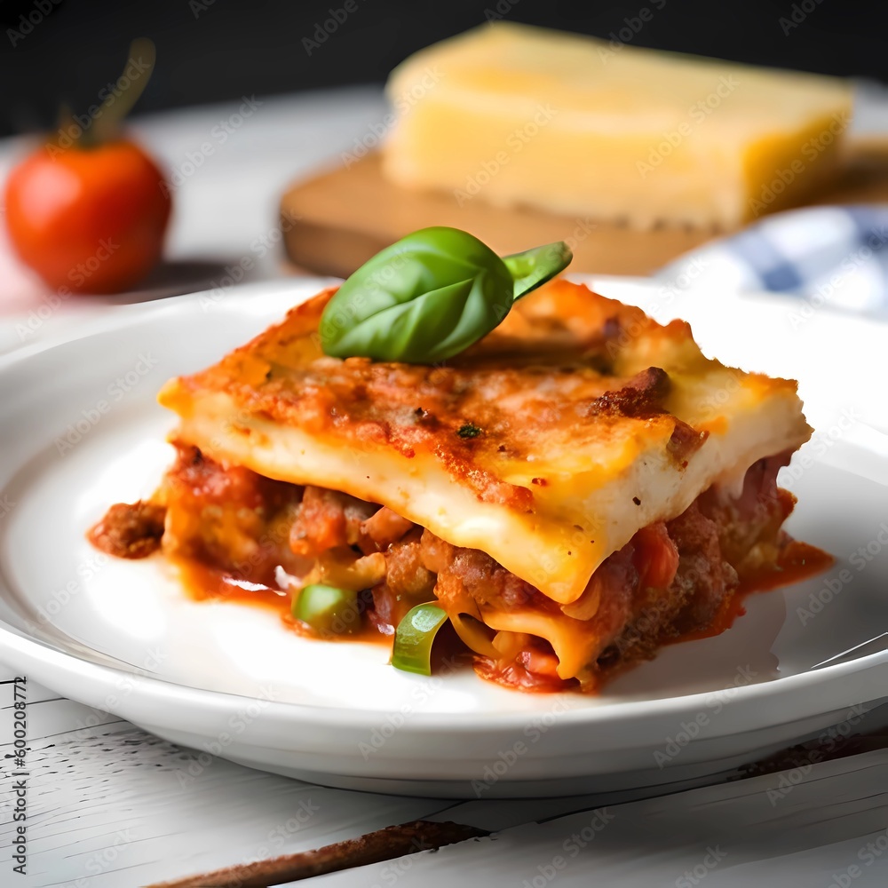 Lasagne mit Basilikum auf Teller angerichtet für italienische Küche Lasagne mit Basilikum auf Teller angerichtet für italienische Küche