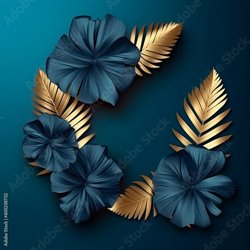 Professional background with leaves. blue and gold leaves. High quality illustration Generative AI