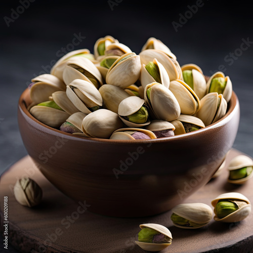 Bowl with pistachios on a wooden table. Generative AI