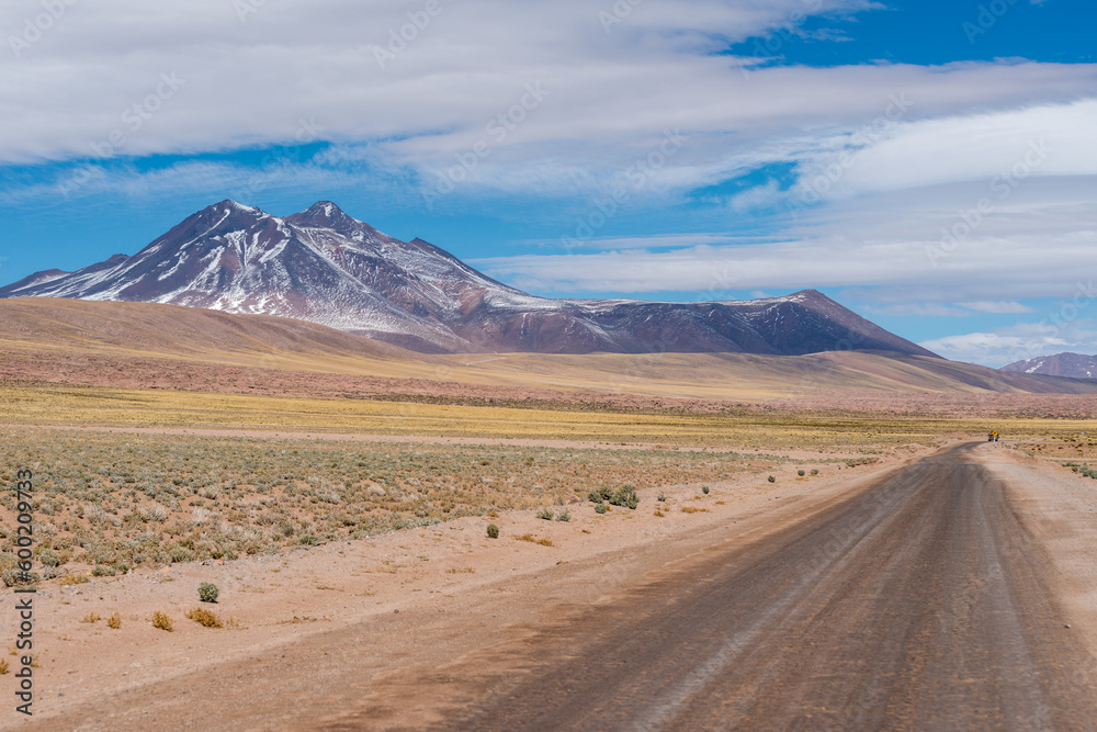 A road in the Atacama Desert with large mountains in the back ground.