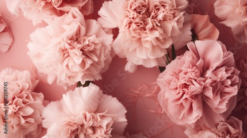 Pink carnations seen from a top view on a pink background. Generative AI.