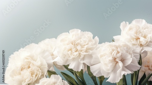 White carnations on a pale greenish blue background with copy space. Generative AI.