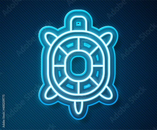 Glowing neon line Turtle icon isolated on blue background. Vector