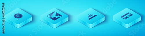 Set Isometric Sun, Africa safari map, Hunting cartridge belt and Hunter hat icon. Vector