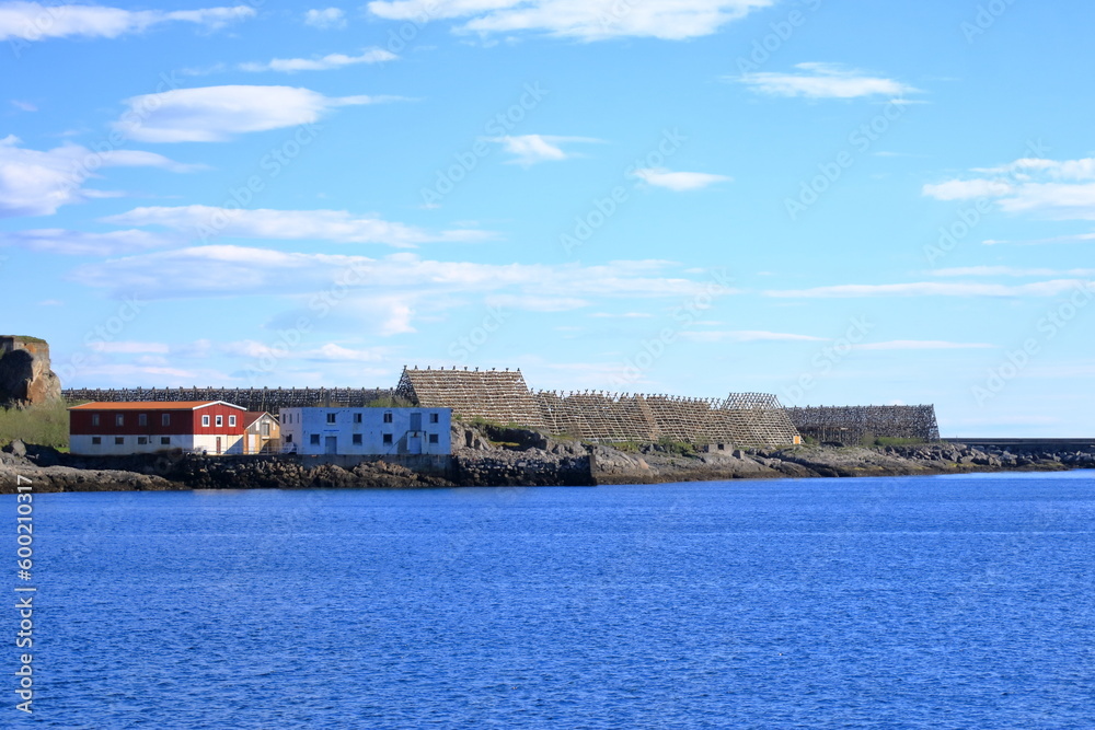 Fototapeta premium Stockfish, or dried fish, dries in the air in Svolvaer in Norway