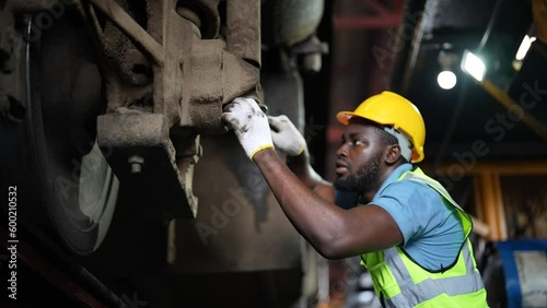 Engineers inspects and repairs the diesel locomotive in the maintenance workshop.